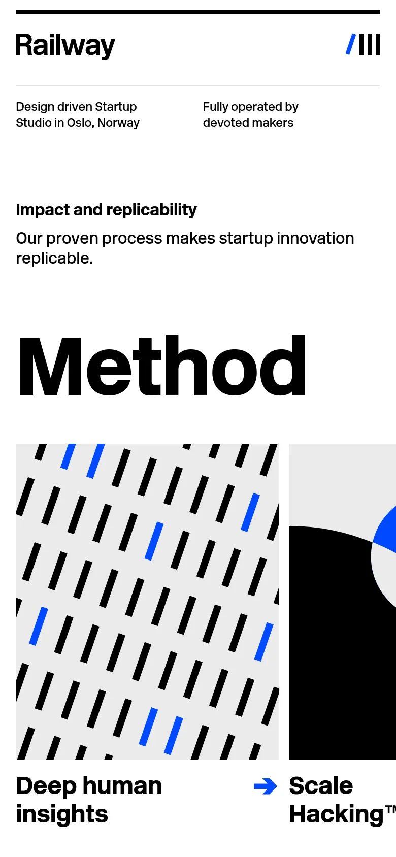 The mobile version maintains the minimalist white and black aesthetic but uses a vertical stack layout. The large 'Method' headline is followed by the 'Impact and replicability' text, and the core pillars are presented as large, full-width image blocks with text overlays, optimized for vertical scrolling.