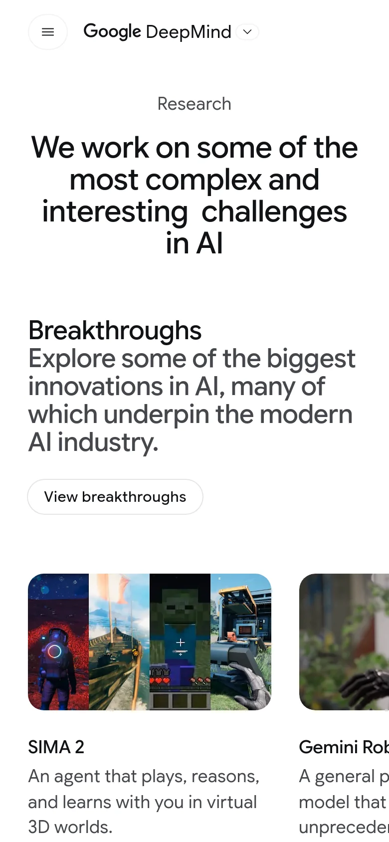 The mobile version maintains the white background and bold black text but uses a single-column vertical layout. The large headline and 'Breakthroughs' section are stacked vertically, and the image grid is condensed into a single row of large, scrollable cards, such as the SIMA 2 project.