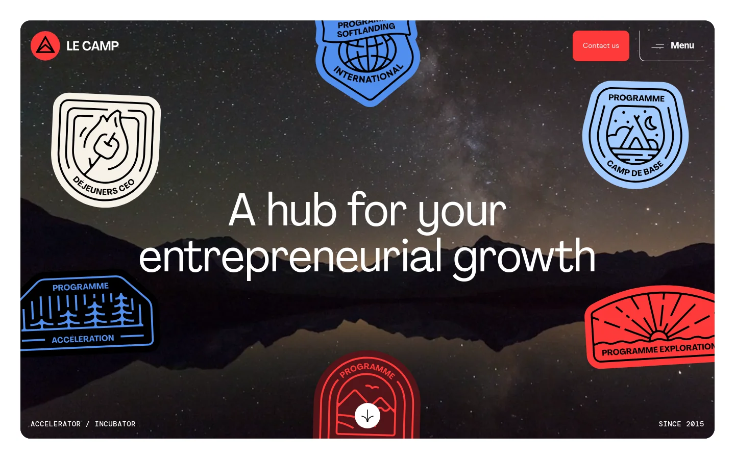 The desktop homepage features a dark, starry night sky over mountains and a lake as the hero background. A large white headline reads 'A hub for your entrepreneurial growth' centered over the landscape, surrounded by various colorful illustrated program patches. The navigation includes the LE CAMP logo, a red 'Contact us' button, and a menu icon.