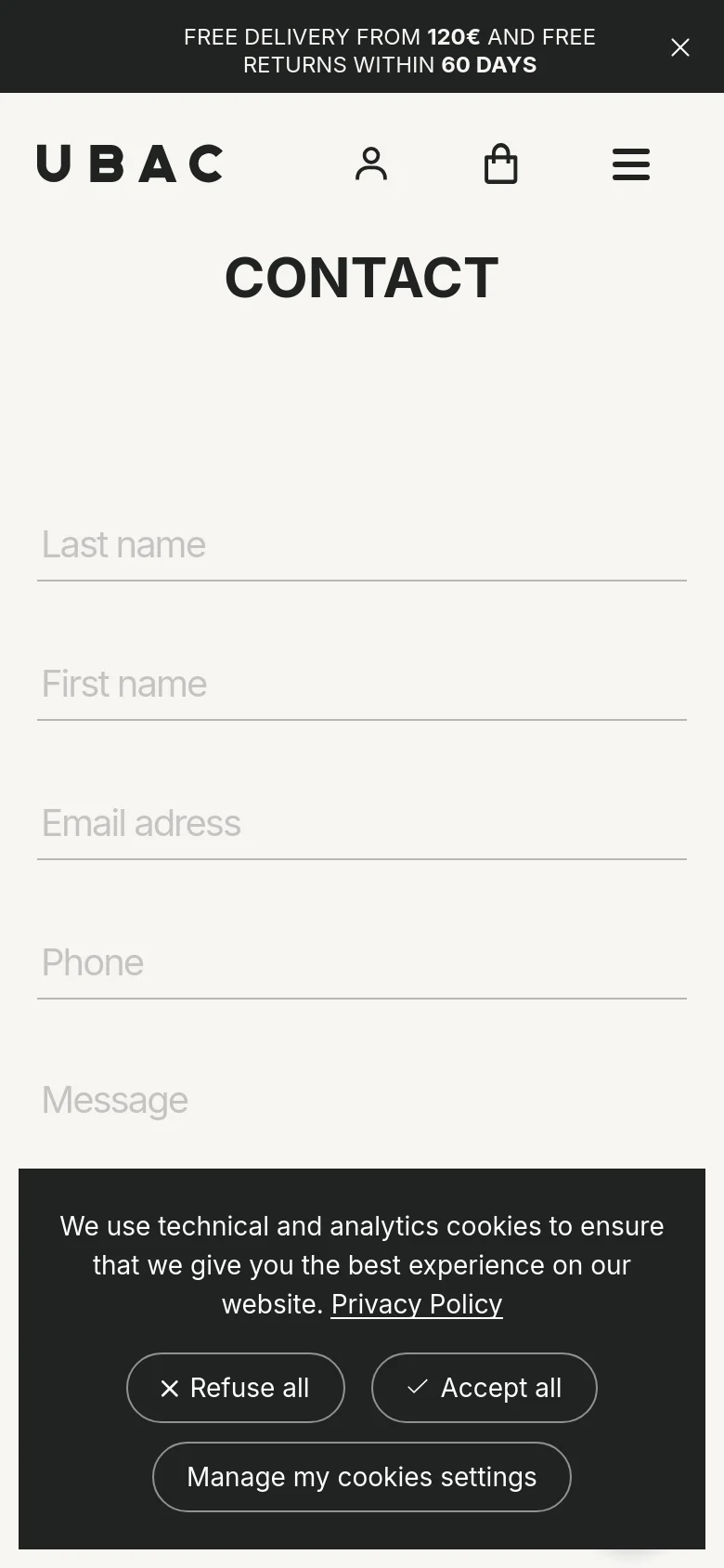 The mobile version presents a single-column layout with the 'CONTACT' headline centered at the top. The contact form fields are stacked vertically for easier scrolling on a smaller screen. A hamburger menu icon replaces the desktop navigation, and a cookie consent banner is visible at the bottom.
