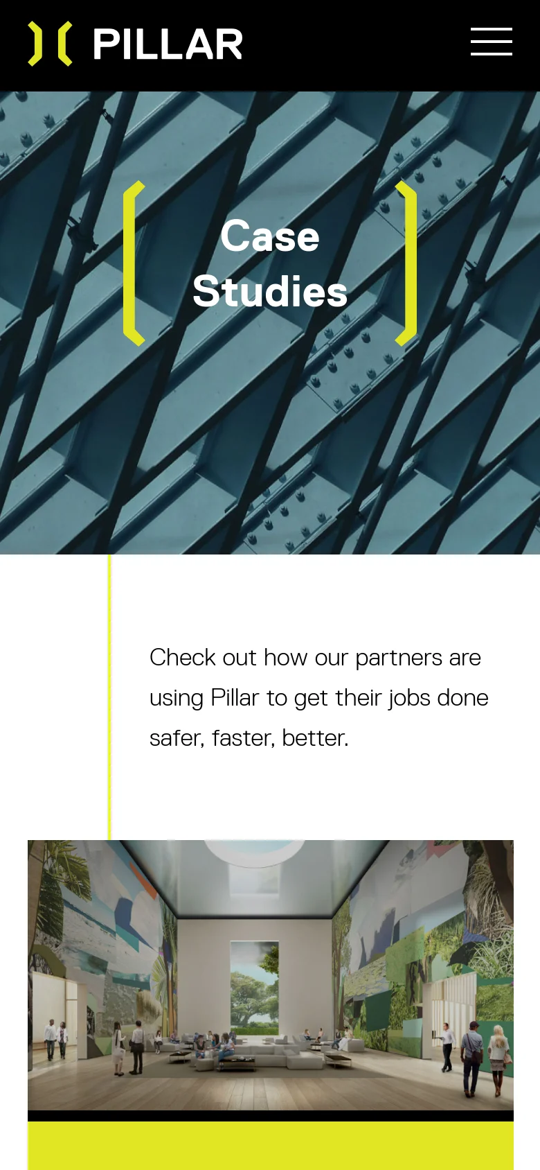 The mobile version displays a condensed hero section with the 'Case Studies' title and steel pattern, but the navigation is simplified into a hamburger menu icon. The layout shifts to a single-column view, with the introductory text and yellow accent line stacked vertically above the content cards.