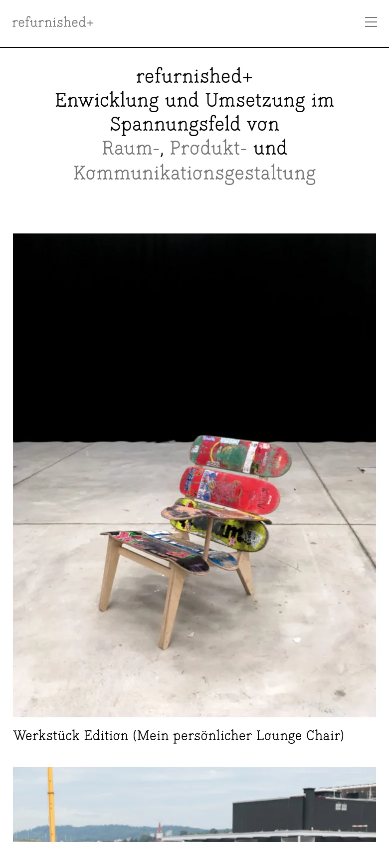 The mobile version simplifies the layout into a single-column vertical scroll. The header contains the logo and a hamburger menu icon, while the main content features a large hero image of a skateboard lounge chair followed by stacked project images and text descriptions.