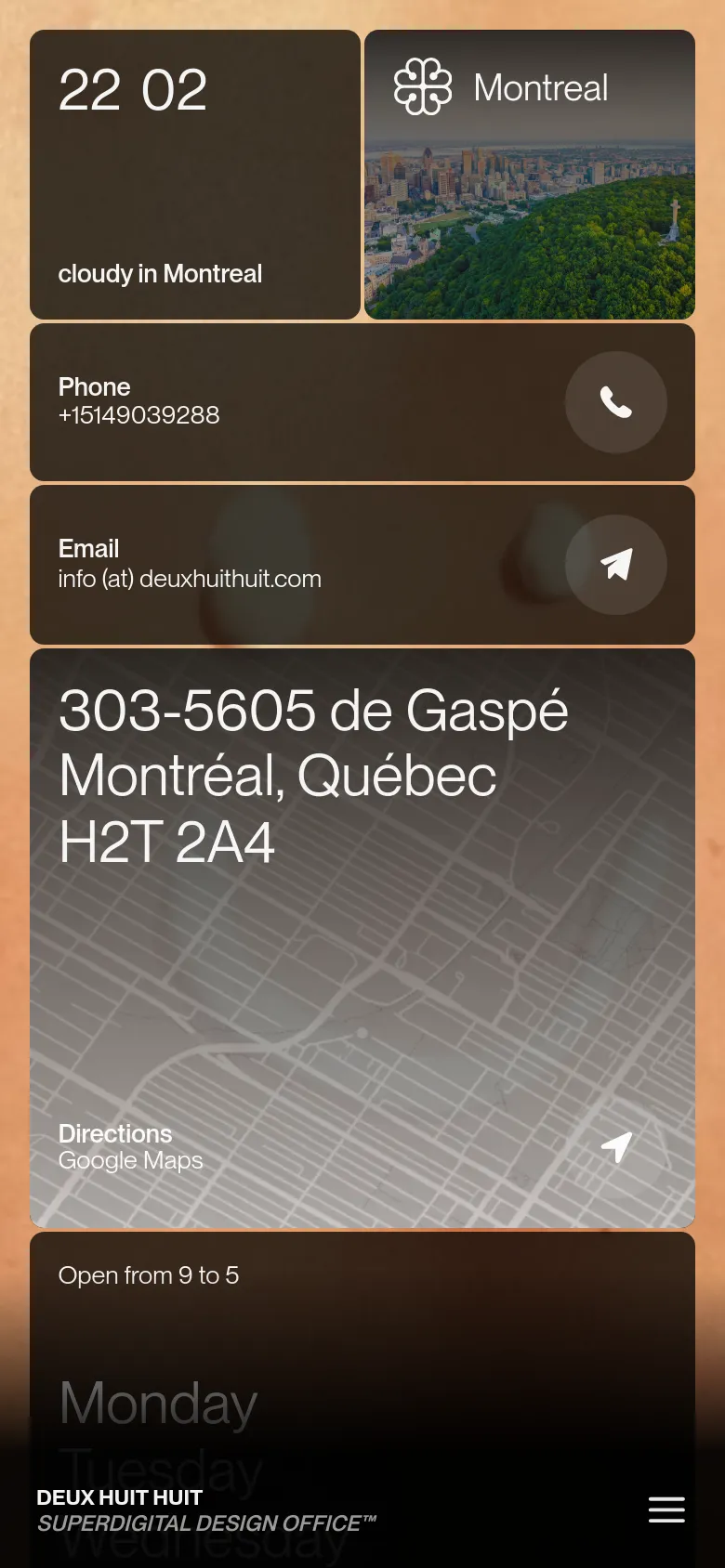 The mobile version presents the contact information in a stacked, single-column layout of large dark tiles. Key details like the time, phone number, email, address, and business hours are prioritized, with the city view and map elements appearing as full-width blocks.