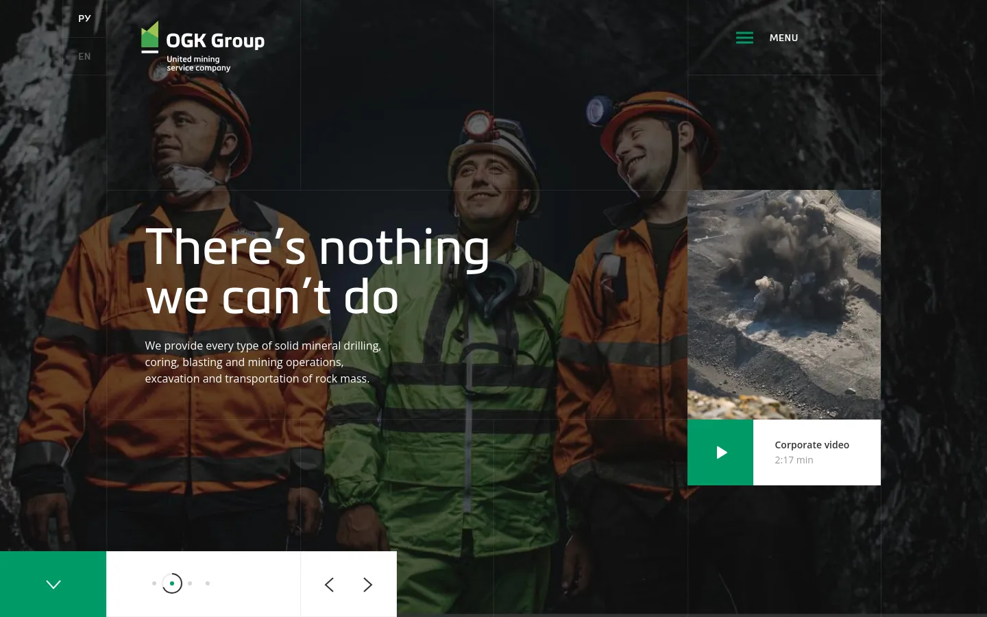 The desktop homepage features a large hero image of three smiling mining workers in high-visibility gear against a dark background. The headline 'There's nothing we can't do' is prominently displayed in white text, accompanied by a description of mining services and a call-to-action button for a corporate video. The layout includes a top navigation bar with the OGK Group logo and a language switcher.