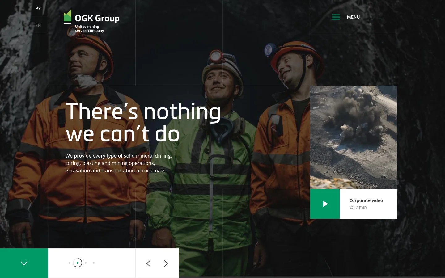 The desktop homepage features a large hero image of three smiling mining workers in high-visibility gear against a dark background. The headline 'There's nothing we can't do' is prominently displayed in white text, accompanied by a description of mining services and a call-to-action button for a corporate video. The layout includes a top navigation bar with the OGK Group logo and a language switcher.
