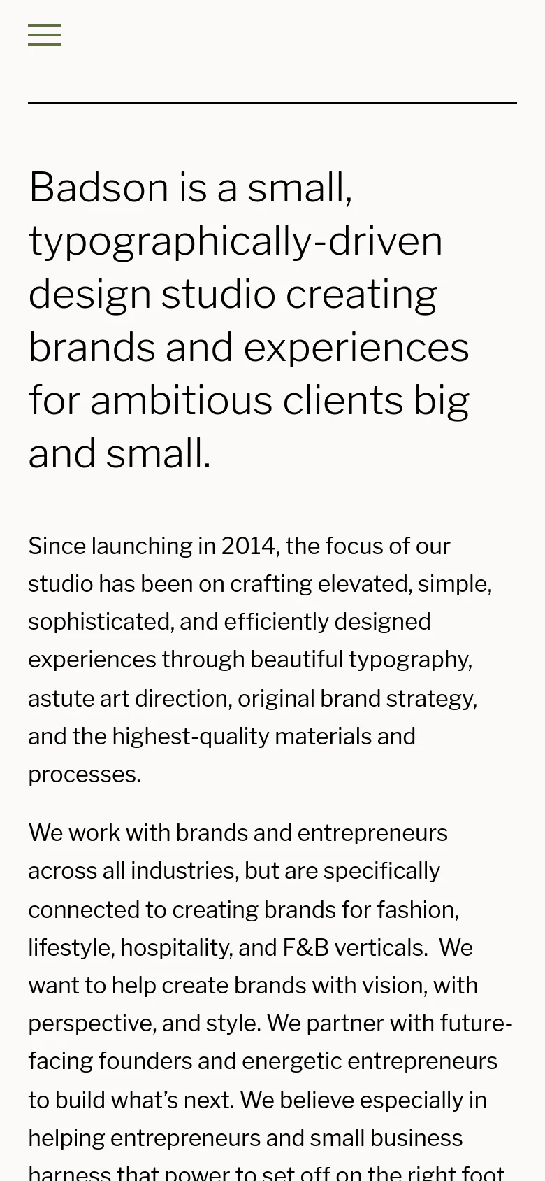 The mobile version maintains the minimalist black-and-white aesthetic but shifts to a single-column vertical layout for easier scrolling. The navigation is condensed into a hamburger menu icon at the top left, and the large introductory headline and text blocks stack vertically to fit the narrow screen width.