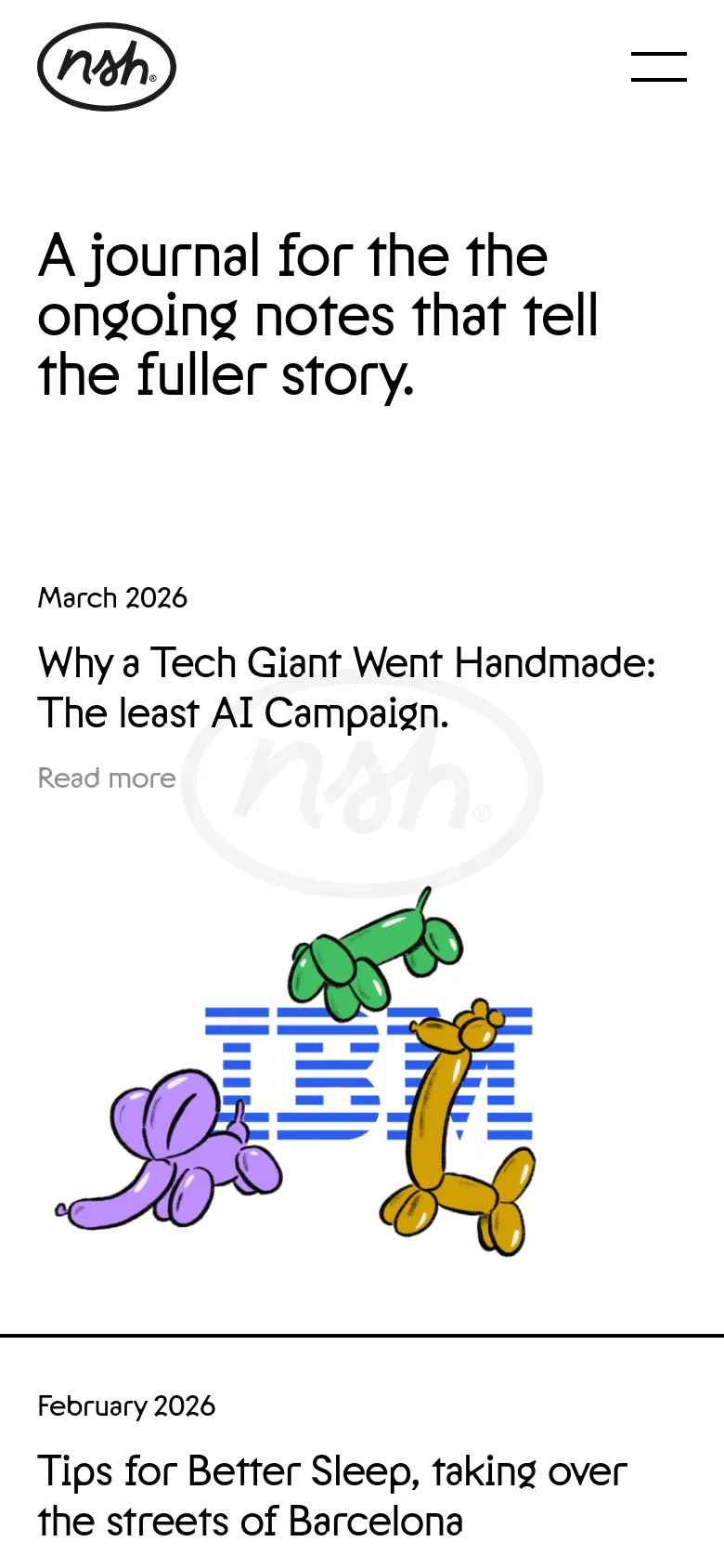The mobile version presents a simplified vertical layout with the large headline at the top and a hamburger menu icon in the top right. The content follows a single-column stack, showing the March 2026 entry followed by the February 2026 entries, with large illustrative images accompanying each text link.