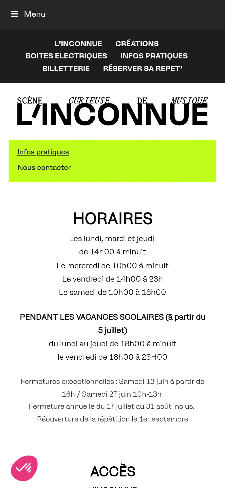 The mobile version presents a simplified vertical layout with a dark menu bar at the top and a large lime green section containing navigation links. The content, including opening hours and access details, is centered in large, legible black text on a white background, optimized for vertical scrolling.