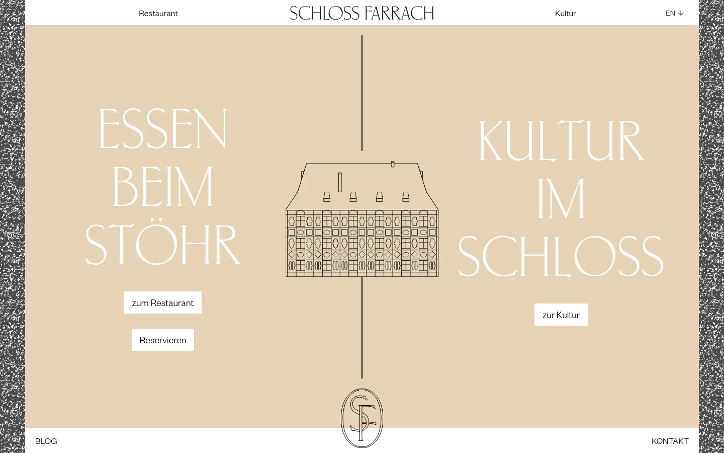 The desktop homepage features a minimalist beige background with a central line dividing the screen. Large white serif text on the left reads 'ESSEN BEIM STÖHR' above 'zum Restaurant' and 'Reservieren' buttons, while the right side reads 'KULTUR IM SCHLOSS' above a 'zur Kultur' button, flanking a central line drawing of a castle building.