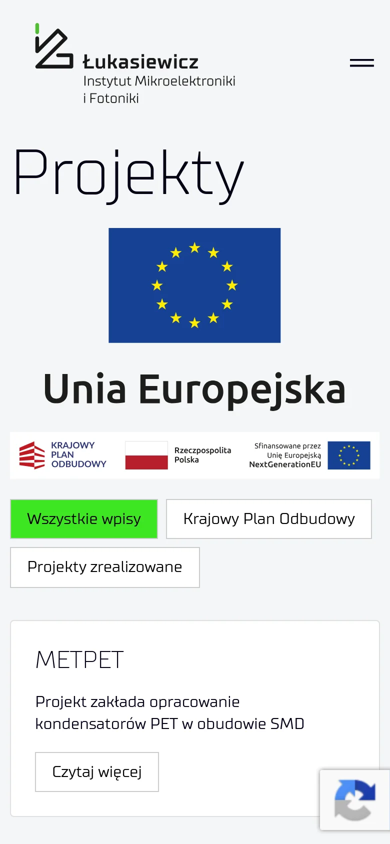 The mobile version maintains the same white layout and branding but uses a vertical stack for elements. The navigation menu is collapsed into a hamburger icon, and the project filter buttons and project cards are resized to span the full width of the screen for easier scrolling.