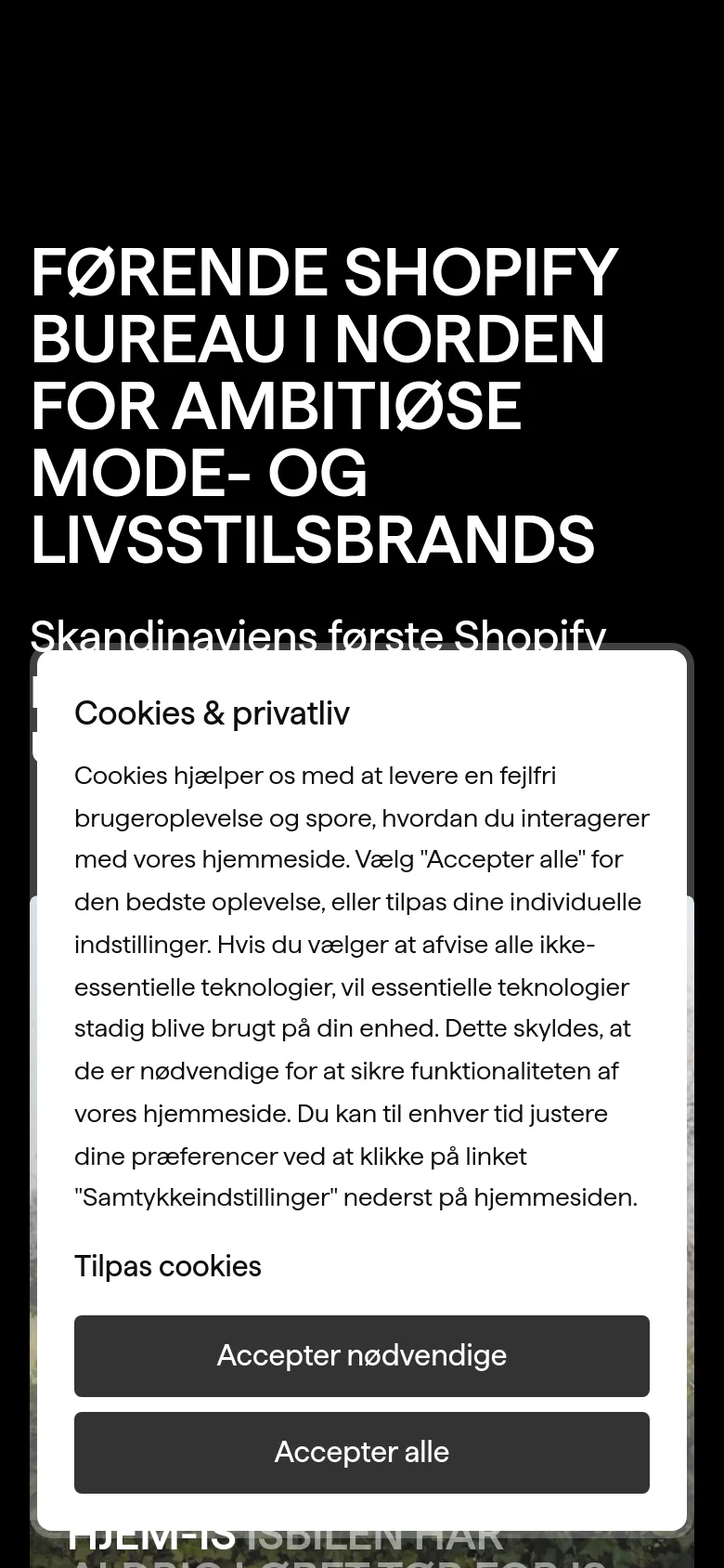 The mobile version uses a single-column vertical layout optimized for small screens. The large white typography remains prominent, while the image slider and portfolio grid are stacked vertically, and a cookie consent pop-up covers the lower half of the screen.