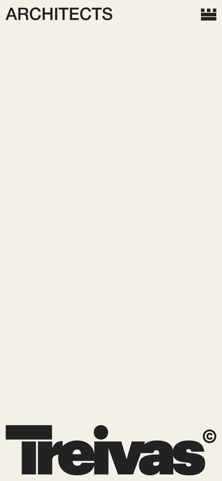The mobile version maintains the minimalist cream aesthetic and large black logo, but the content grid shifts to a single-column vertical stack. The navigation icon and 'ARCHITECTS' text remain at the top, while the project and news cards are scaled to fit the narrower screen width.