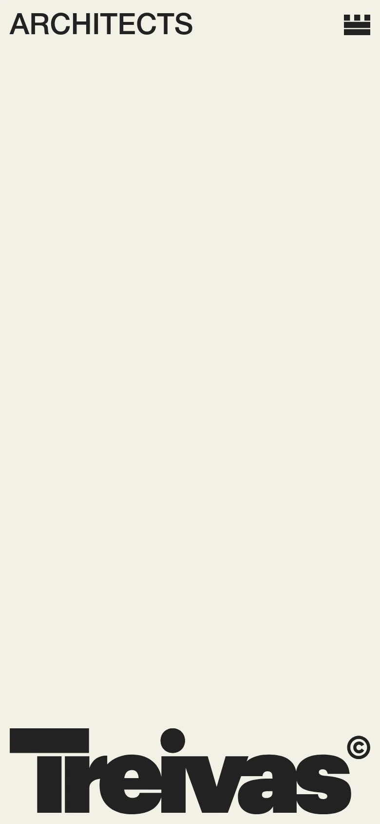 The mobile version maintains the minimalist cream aesthetic and large black logo, but the content grid shifts to a single-column vertical stack. The navigation icon and 'ARCHITECTS' text remain at the top, while the project and news cards are scaled to fit the narrower screen width.