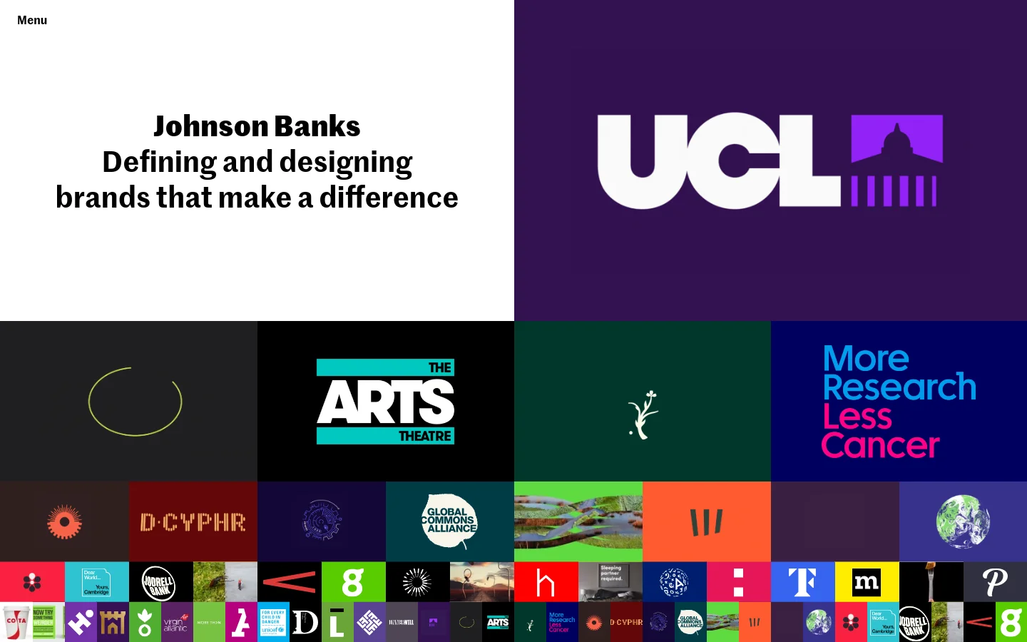 The desktop homepage features a minimalist design with a large white hero section containing the headline 'Johnson Banks: Defining and designing brands that make a difference.' Beside it is a large purple block with the white 'UCL' logo. Below, a grid of colorful rectangular tiles showcases various client projects with bold typography and imagery.