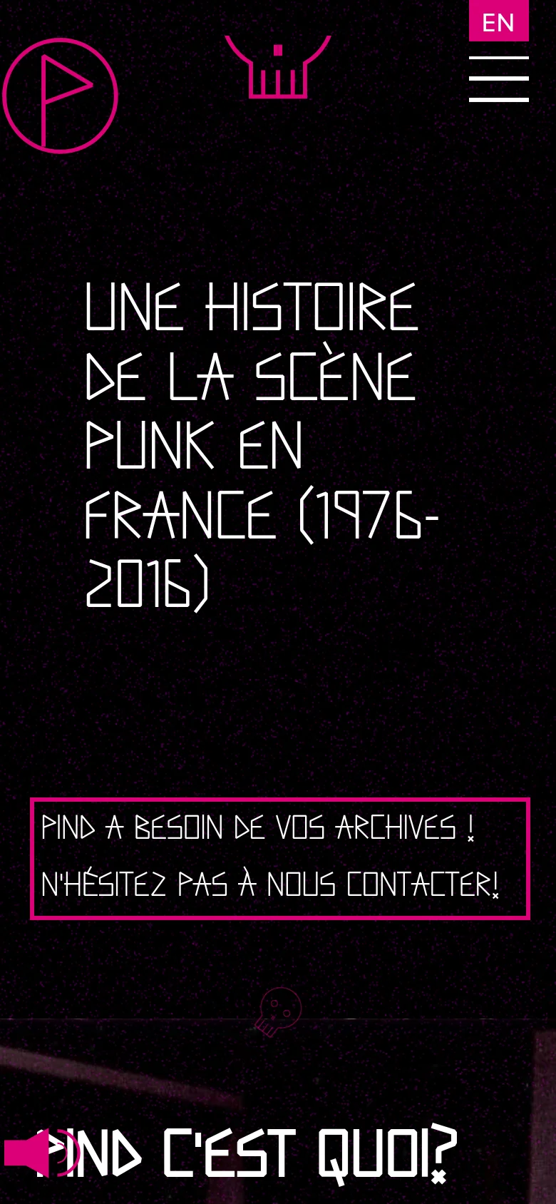 The mobile version maintains the dark, grainy aesthetic and pink pixelated theme but uses a vertical layout. The central headline is stacked into multiple lines, the skull icon and flag logo are centered at the top, and the menu icon is positioned on the right. A pink call-to-action box is centered near the bottom, and a large 'PIND C'EST QUOI?' heading appears at the very bottom.