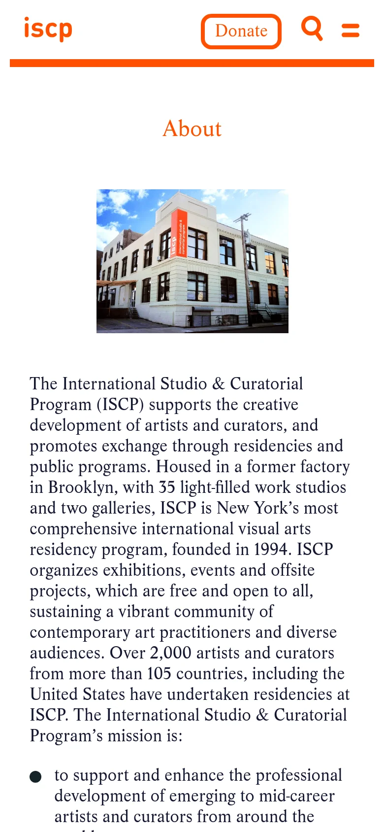 The mobile version presents a condensed vertical layout with the 'iscp' logo, a 'Donate' button, a search icon, and a hamburger menu at the top. Below the header, the orange 'About' title is followed by a large photograph of the ISCP building, which is a multi-story light-colored industrial structure under a blue sky. The descriptive text and mission bullet points follow below the image.