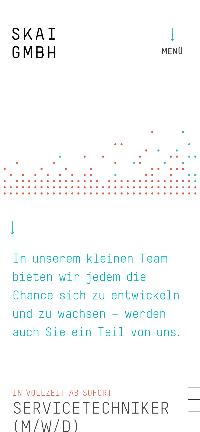 The mobile version maintains the minimalist aesthetic but uses a condensed layout with a hamburger-style menu icon labeled 'MENÜ'. The decorative dot pattern is scaled down, and the text is centered or left-aligned to fit the narrow screen, focusing on the introductory heading and the list of job roles.