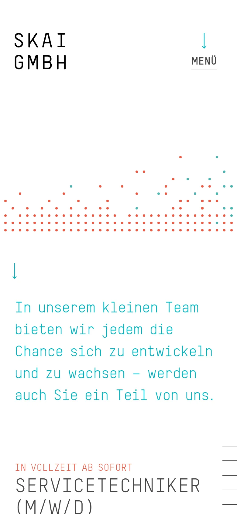 The mobile version maintains the minimalist aesthetic but uses a condensed layout with a hamburger-style menu icon labeled 'MENÜ'. The decorative dot pattern is scaled down, and the text is centered or left-aligned to fit the narrow screen, focusing on the introductory heading and the list of job roles.