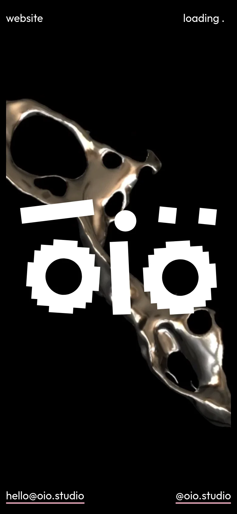 The mobile version features a high-contrast design with a large white 'oio' logo centered over a dark, abstract metallic liquid shape against a black background. The header and footer text remain in the corners, but the warm interior scene from the desktop version is replaced by this dark, sculptural imagery.