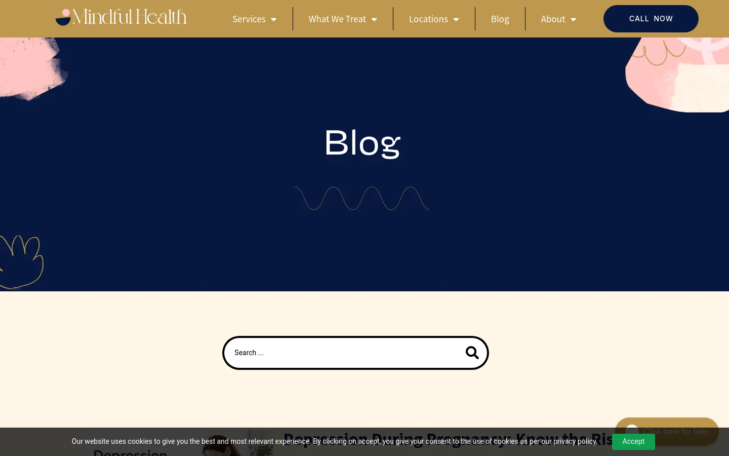The desktop blog page features a dark navy hero section with the large white headline 'Blog' and abstract gold wavy lines. A navigation bar at the top includes the Mindful Health logo, various service dropdowns, and a dark blue 'CALL NOW' button. Below the hero, a cream-colored section contains a centered search bar with a magnifying glass icon.