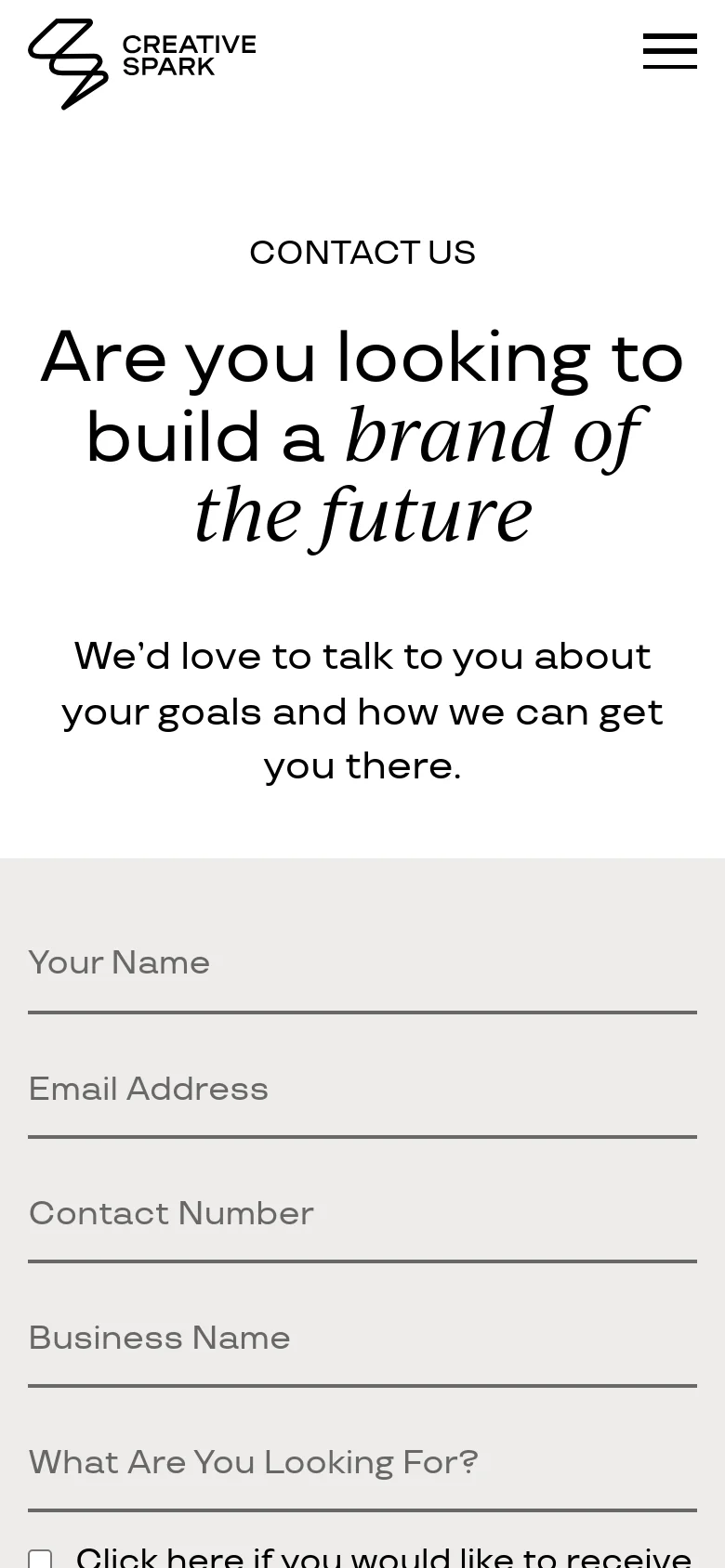 The mobile version uses a single-column vertical layout on a white background. The large headline and introductory text are stacked at the top, followed by the contact form fields which span the full width of the screen. The navigation is condensed into a hamburger menu icon in the top right corner.
