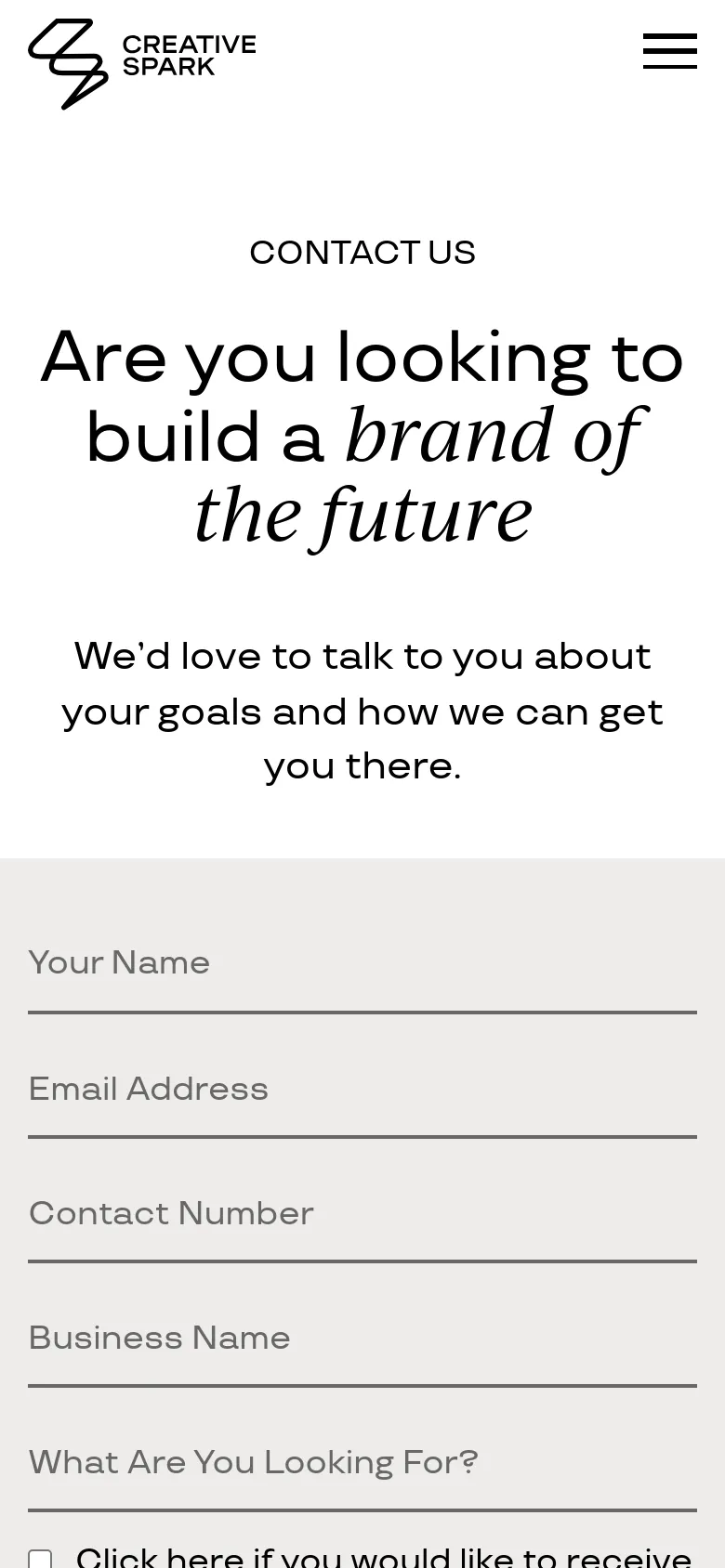 The mobile version uses a single-column vertical layout on a white background. The large headline and introductory text are stacked at the top, followed by the contact form fields which span the full width of the screen. The navigation is condensed into a hamburger menu icon in the top right corner.