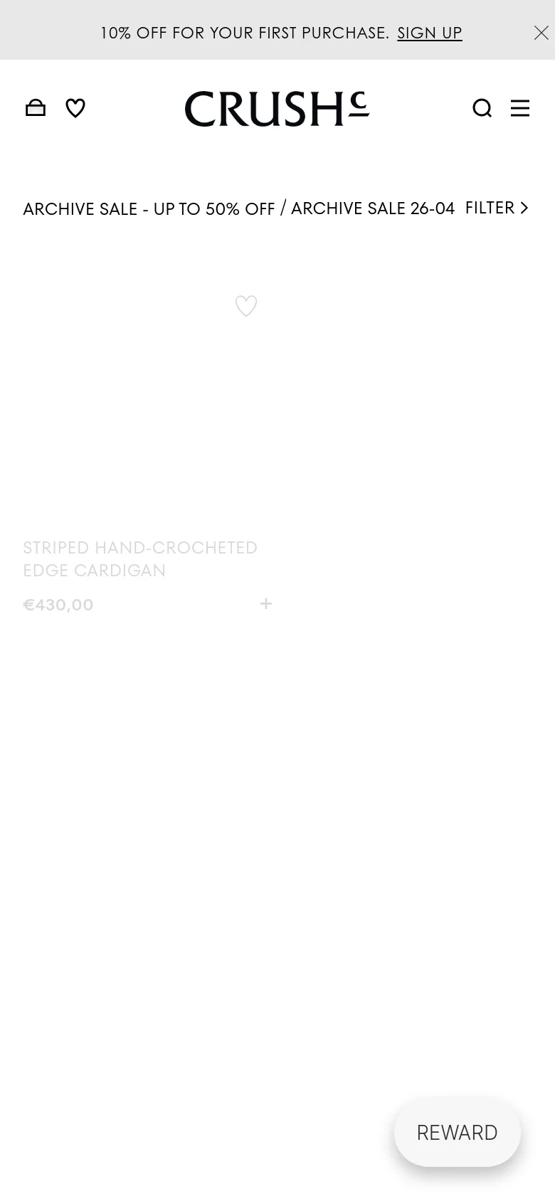 The mobile version simplifies the layout into a single-column view, moving the category navigation into a hamburger menu icon at the top right. The header contains the brand logo, a search icon, and a shopping bag icon, with a prominent 'FILTER' button located below the page title. The product display is streamlined to focus on large imagery and essential product details like name and price.