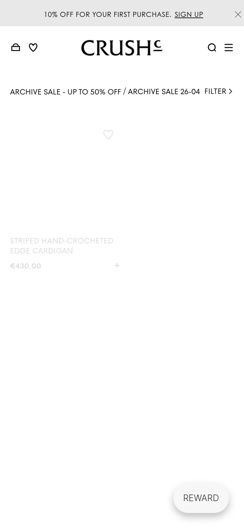 The mobile version simplifies the layout into a single-column view, moving the category navigation into a hamburger menu icon at the top right. The header contains the brand logo, a search icon, and a shopping bag icon, with a prominent 'FILTER' button located below the page title. The product display is streamlined to focus on large imagery and essential product details like name and price.