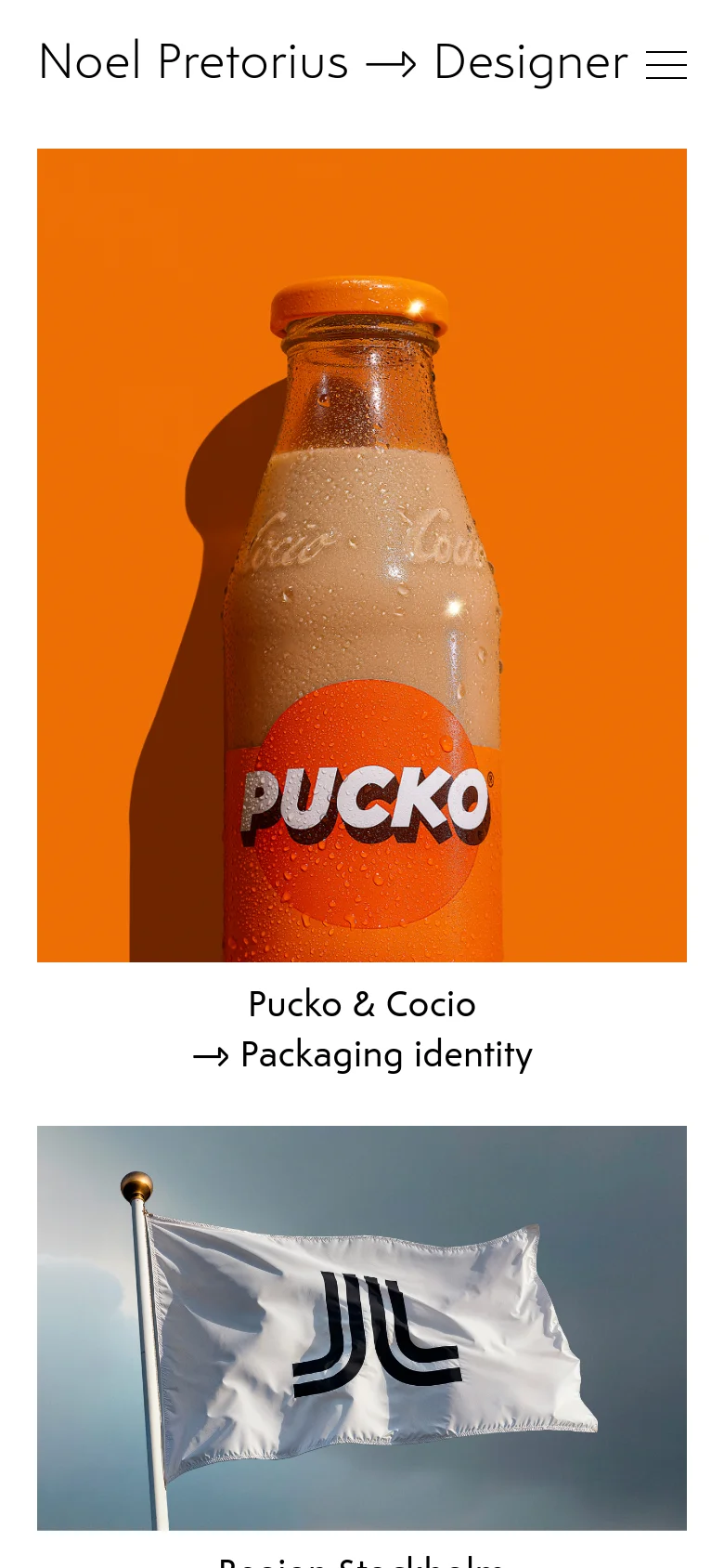 The mobile version presents a simplified single-column layout with a hamburger menu icon in the top right corner. The large project images, such as the orange Pucko bottle and the white Region Stockholm flag, are stacked vertically to fill the width of the screen.