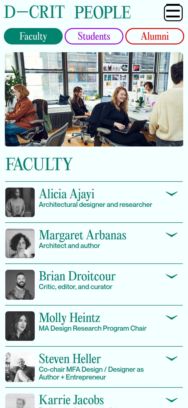 The mobile version maintains the studio hero image but shifts the layout to a vertical stack. The three navigation buttons are repositioned above the image, and the faculty list follows below, featuring circular profile photos next to names and titles with dropdown arrows. The top navigation is condensed into a hamburger menu icon.
