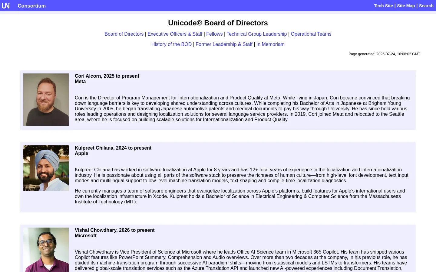 The desktop page features a white background with a centered header containing the Unicode logo and navigation links. Below the main title, 'Unicode® Board of Directors,' is a list of text links, followed by a series of profiles. Each profile includes a headshot on the left and a bold name, company, and biographical text on the right.