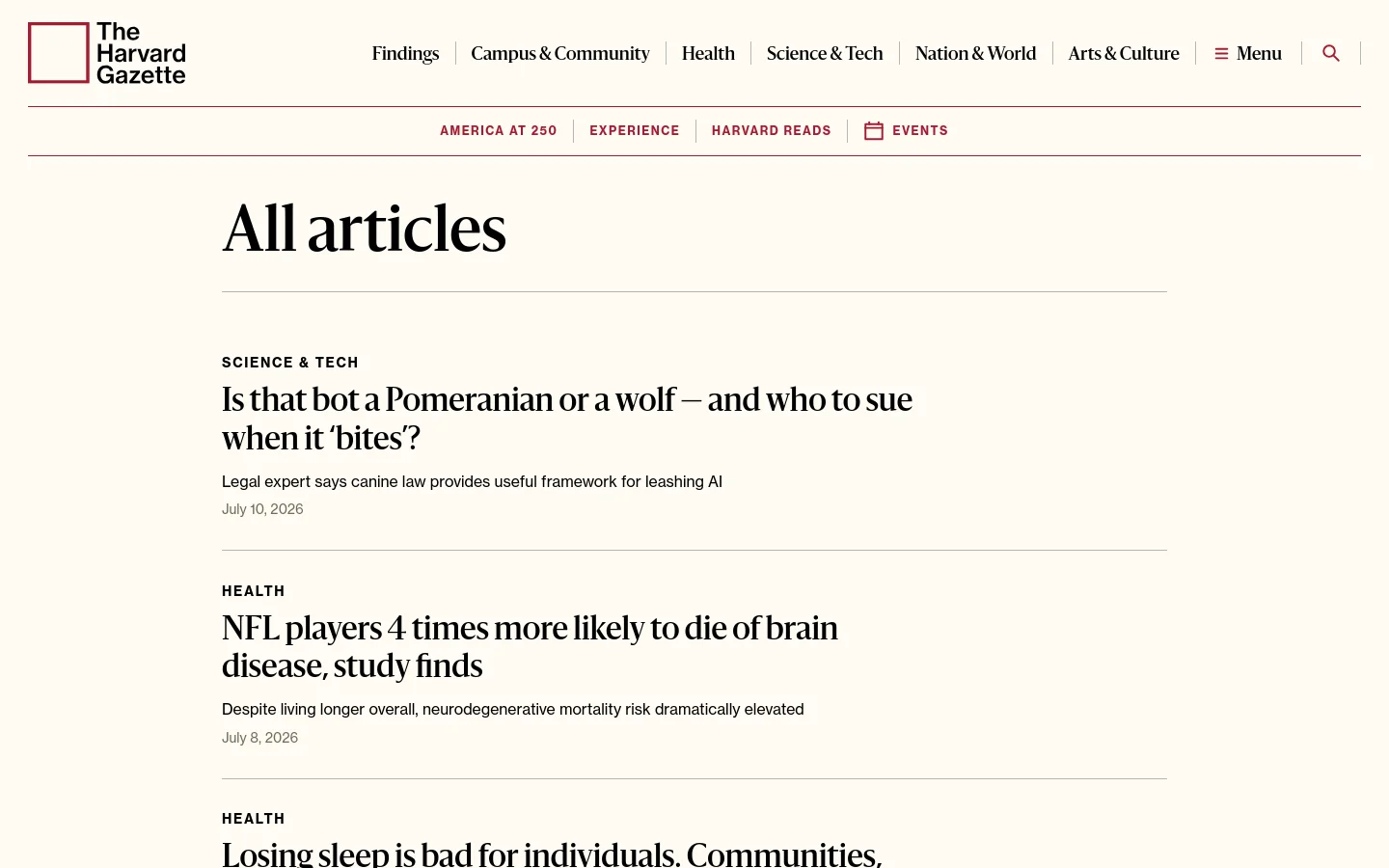 The Harvard Gazette article archive page features a clean, white layout with a top navigation bar containing links for Findings, Campus & Community, Health, Science & Tech, Nation & World, and Arts & Culture. The main content displays a vertical list of articles under the headline 'All articles,' each including a category label, a bold headline, a brief summary, a date, and a thumbnail image to the right. Dominant colors are black text on a white background with subtle red accents in the logo and navigation.
