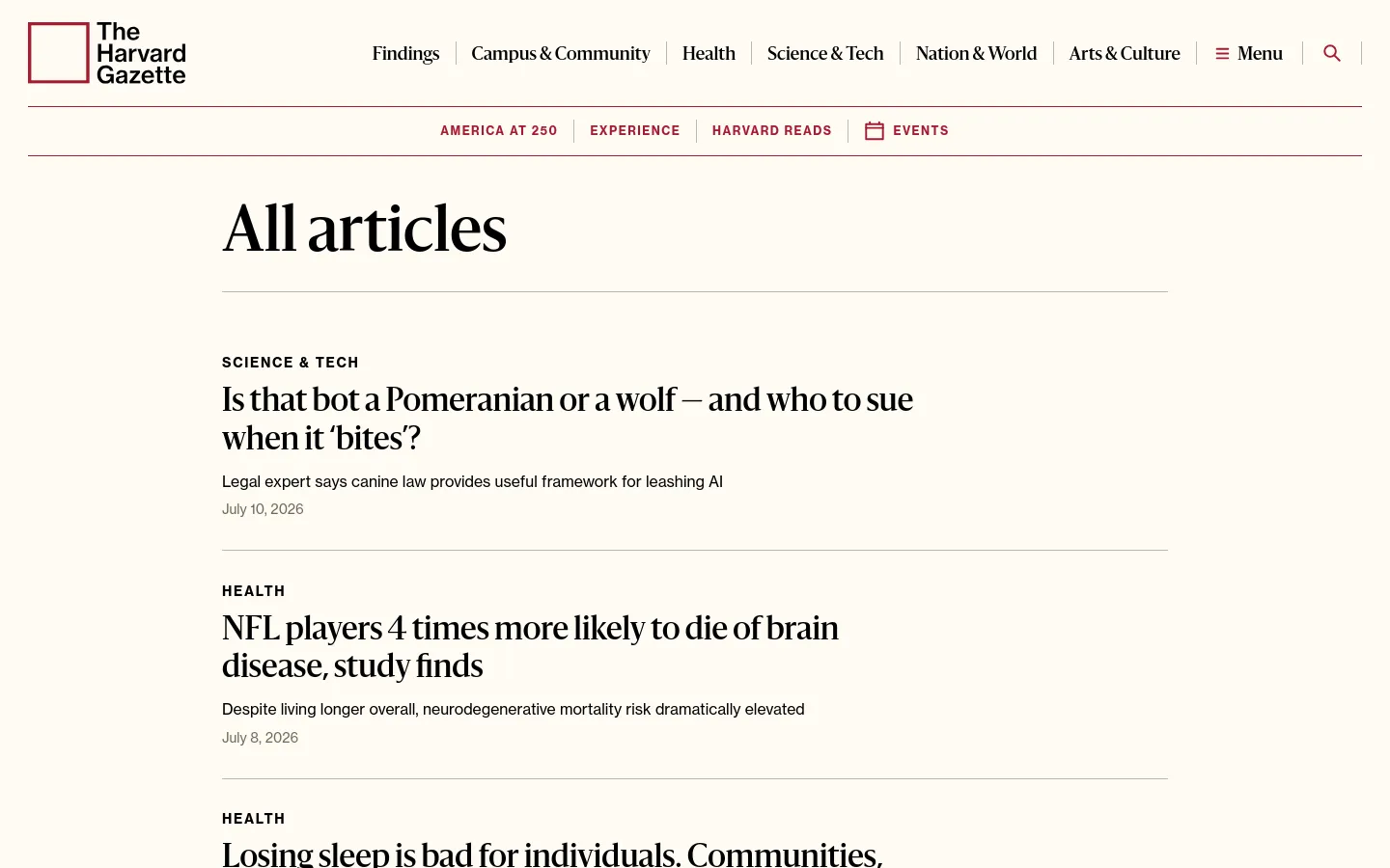 The Harvard Gazette article archive page features a clean, white layout with a top navigation bar containing links for Findings, Campus & Community, Health, Science & Tech, Nation & World, and Arts & Culture. The main content displays a vertical list of articles under the headline 'All articles,' each including a category label, a bold headline, a brief summary, a date, and a thumbnail image to the right. Dominant colors are black text on a white background with subtle red accents in the logo and navigation.