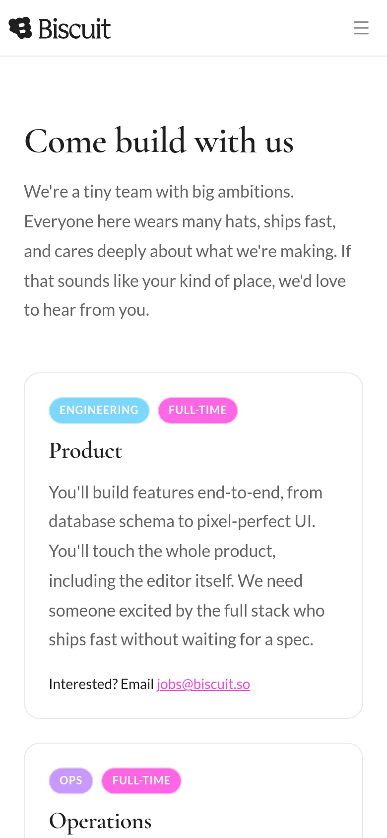 The mobile version maintains the minimalist white and black aesthetic but uses a condensed layout. The top navigation is replaced by a hamburger menu icon, and the job cards are stacked vertically to fit the narrower screen width, ensuring the text and colorful tags remain legible.