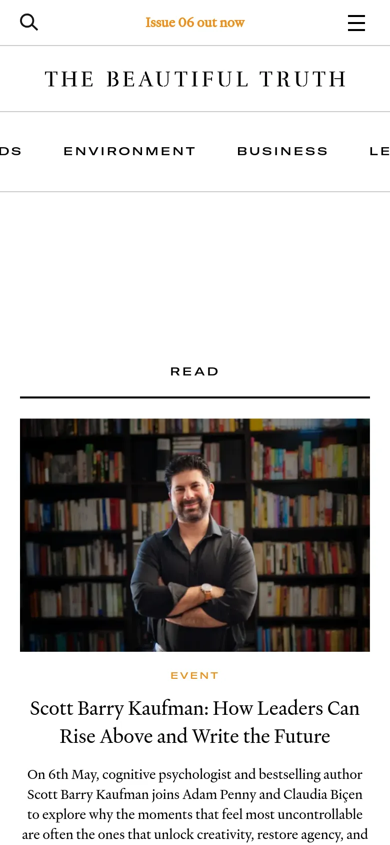 The mobile version simplifies the layout into a single-column vertical scroll, prioritizing content readability. The top navigation is condensed into a hamburger menu and search icon, while the article grid from the desktop version stacks vertically, showing one large image and its corresponding text block at a time.