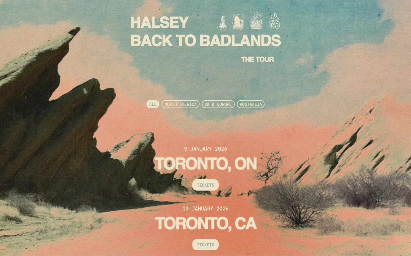 The desktop homepage features a large hero image of a desert landscape with rock formations under a teal and peach sky. Centered text reads 'HALSEY BACK TO BADLANDS THE TOUR' with four small white line-art icons, followed by continent filter buttons and a vertical list of tour dates, locations, and 'Tickets' buttons.
