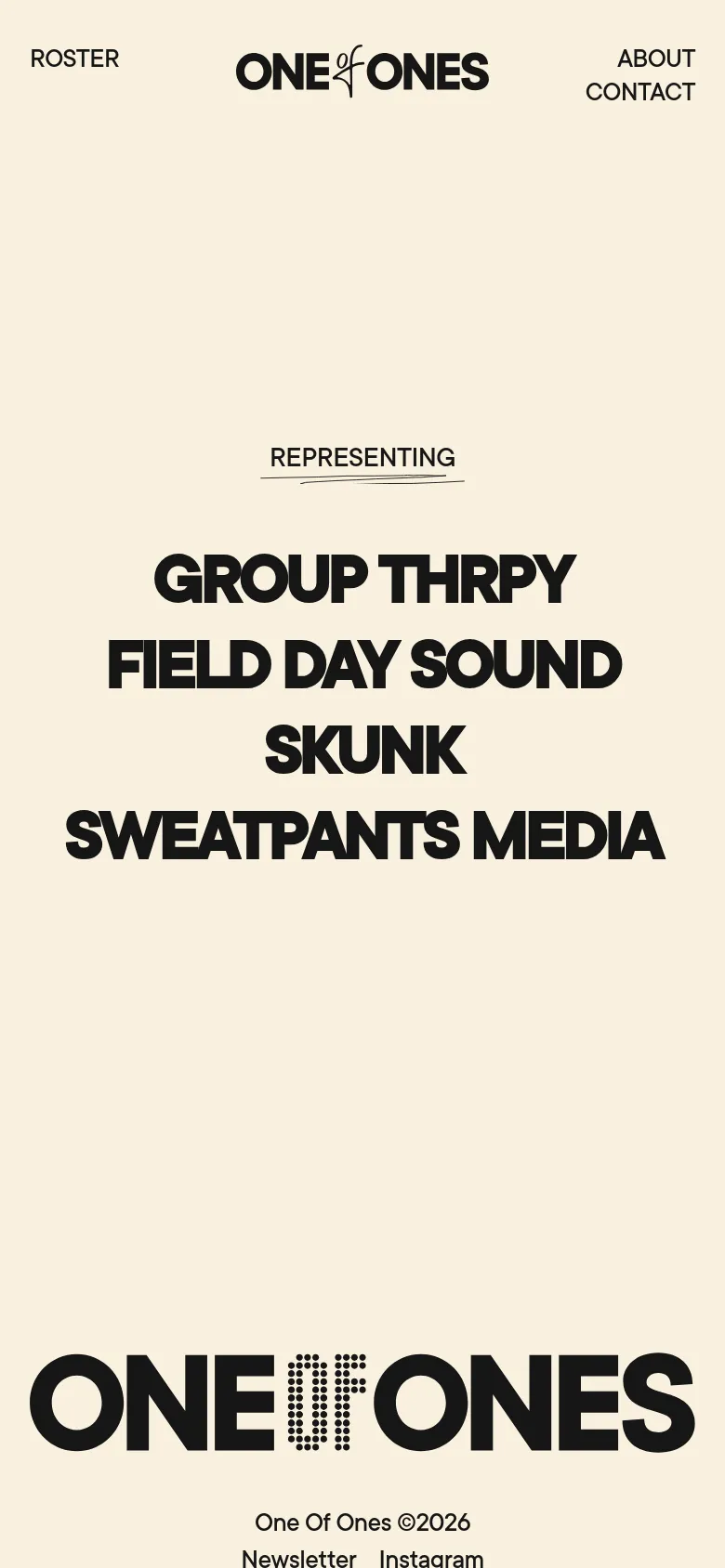 The mobile version maintains the cream and black color scheme but uses a stacked vertical layout. The logo is centered at the top, with 'ROSTER', 'ABOUT', and 'CONTACT' links arranged below it. The central 'REPRESENTING' headline and company list are scaled down to fit the narrower screen width.