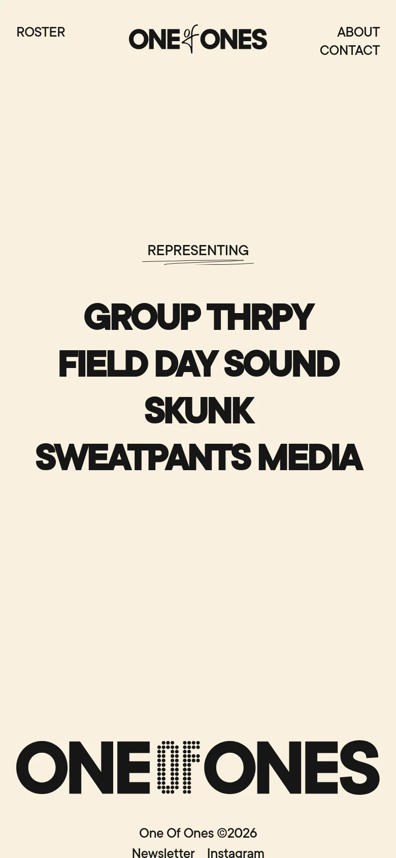 The mobile version maintains the cream and black color scheme but uses a stacked vertical layout. The logo is centered at the top, with 'ROSTER', 'ABOUT', and 'CONTACT' links arranged below it. The central 'REPRESENTING' headline and company list are scaled down to fit the narrower screen width.