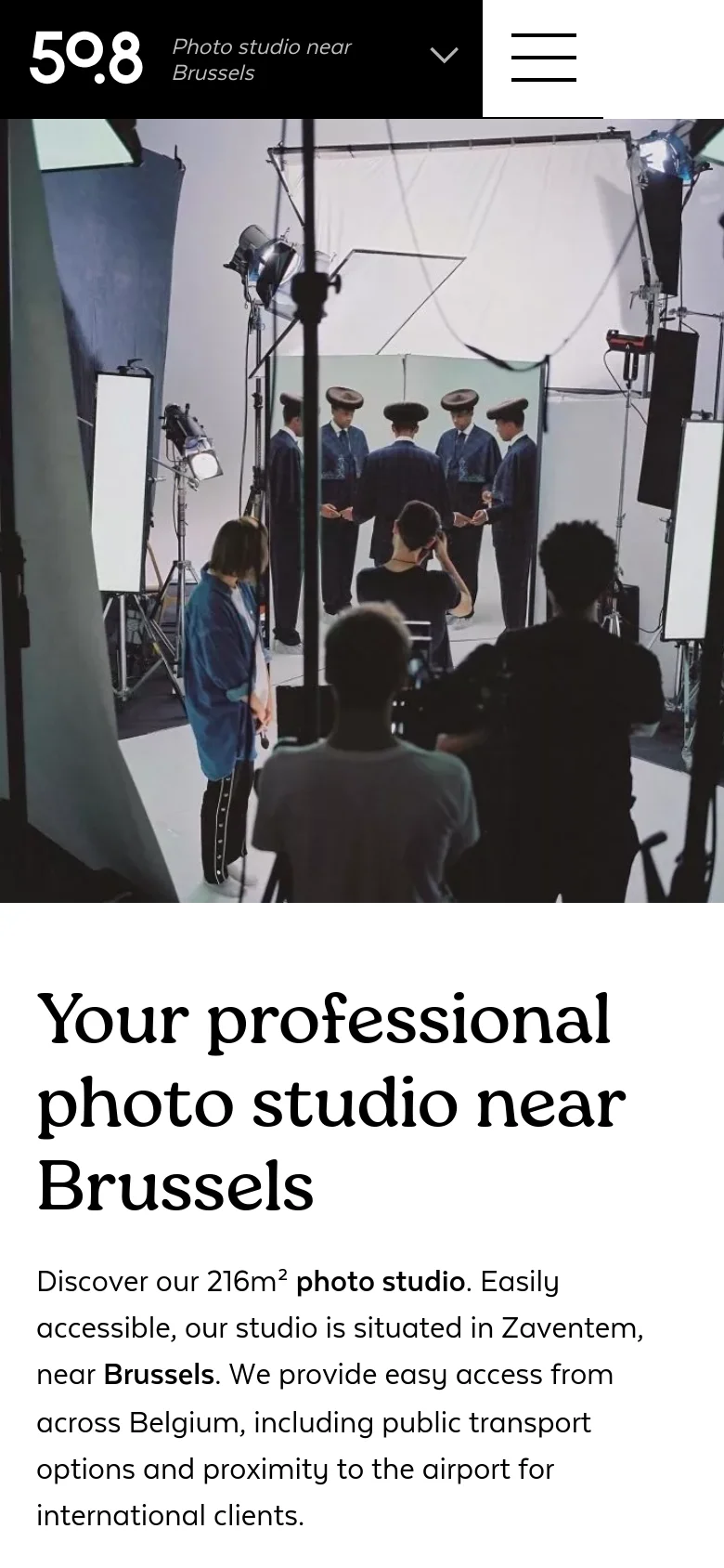 The mobile version displays a vertical layout starting with a large hero image of a studio production. The navigation is condensed into a hamburger menu icon, followed by the main headline and descriptive text stacked vertically on a white background.