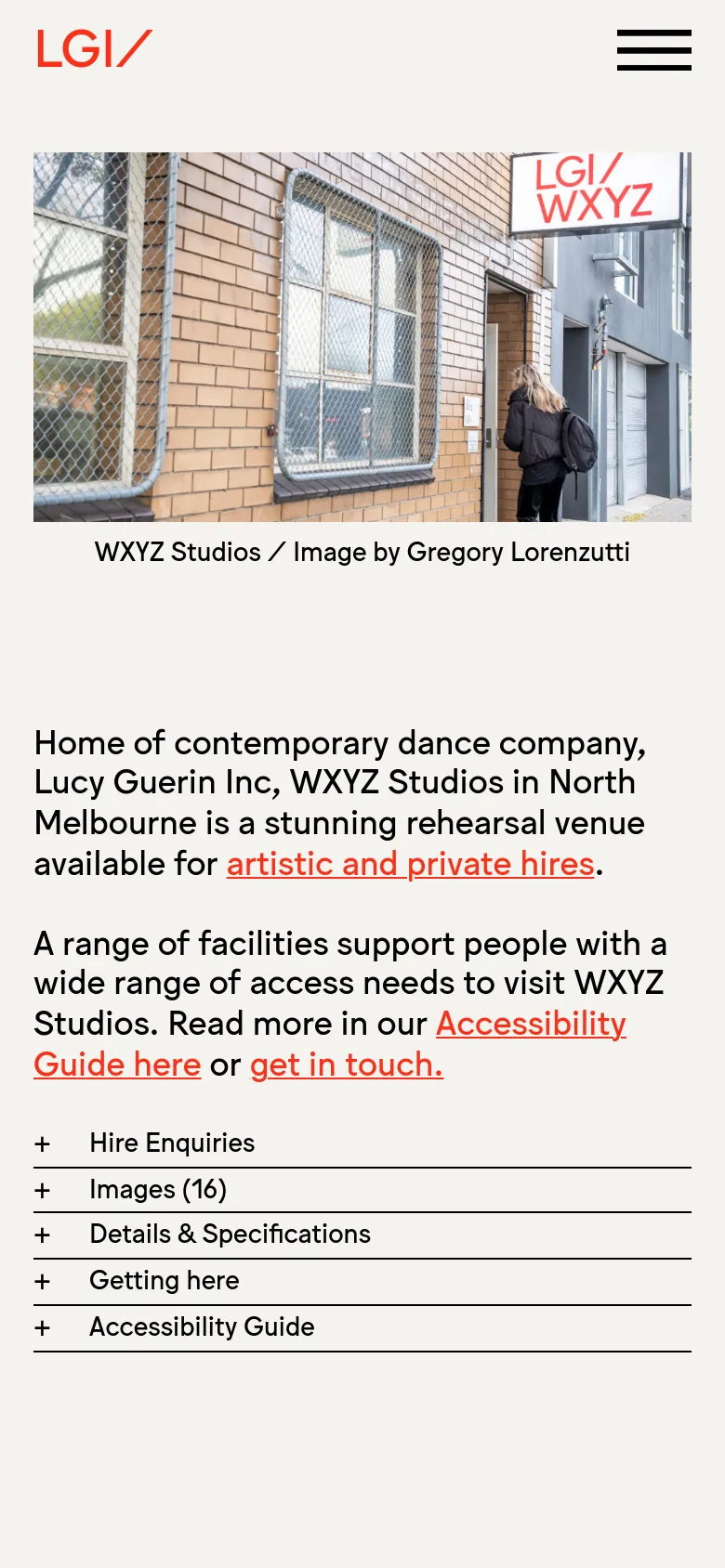 The mobile version presents a single-column vertical layout optimized for small screens. The hero image spans the width of the screen, followed by the introductory text and a full-width accordion menu for site navigation. The header is simplified with a hamburger menu icon and the LGI logo.