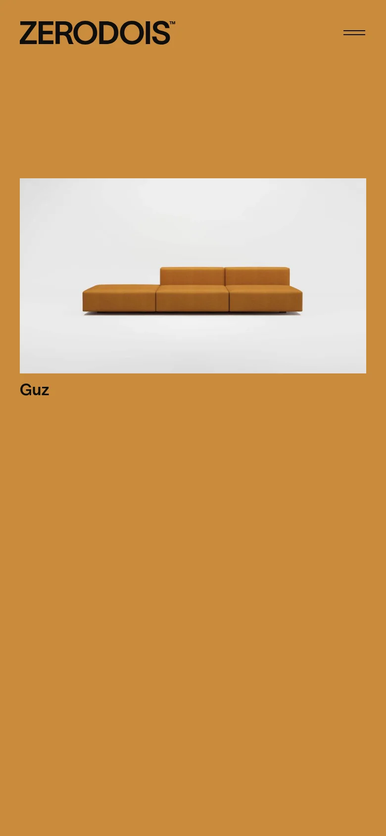 The mobile version uses a warm ochre background with the ZERODOIS logo at the top left and a hamburger menu icon at the top right. The main content features a large image of a modular orange sofa labeled 'Guz' centered on the screen, maintaining a clean and spacious layout.