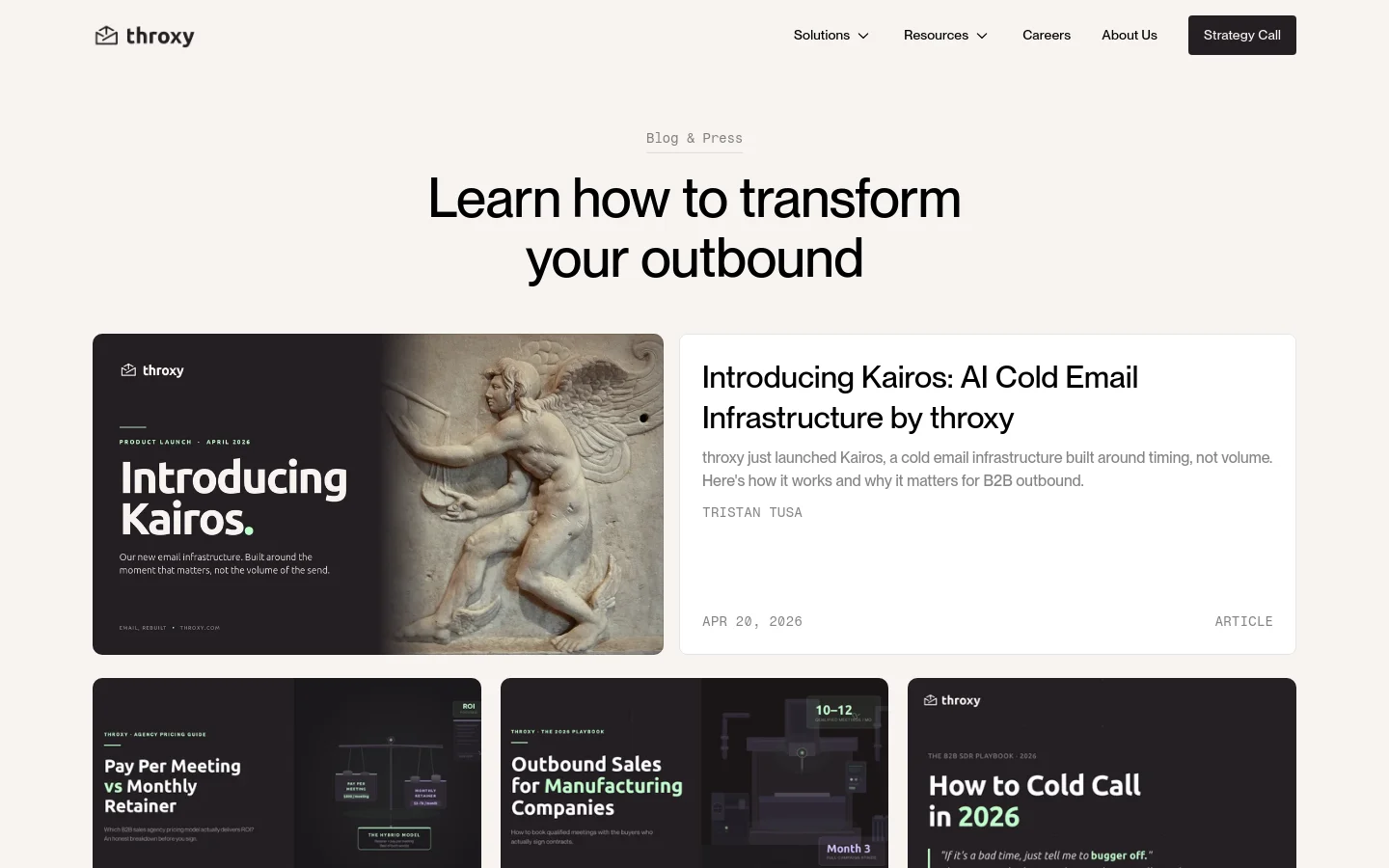 throxy blog page featuring a large hero section with the headline Learn how to transform your outbound. The layout uses a dark and light split-screen design with a classical marble statue image and a grid of article cards below. The color palette is minimalist with black, white, and grey tones.