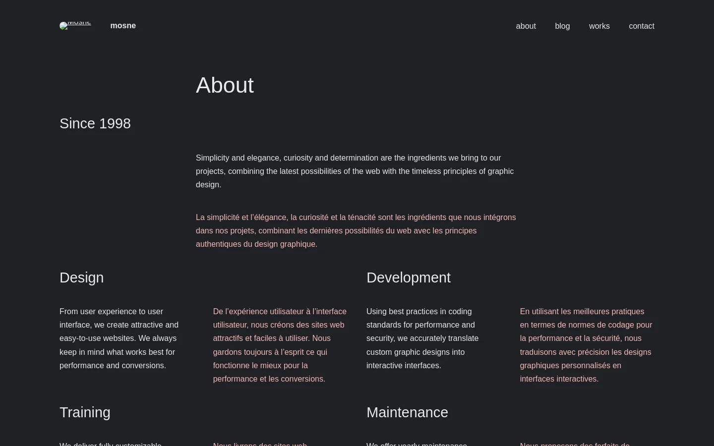 The desktop About page features a dark minimalist layout with white and grey text. A large 'About' heading is followed by sections for 'Since 1998', 'Design', 'Development', 'Training', and 'Maintenance', arranged in a multi-column grid with bilingual English and French content.