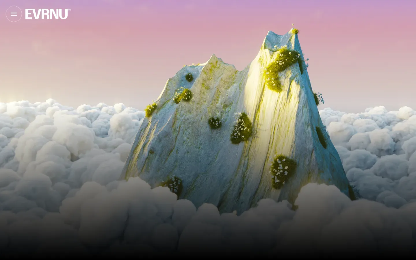 The desktop About Us page features a large hero image of a mossy mountain peak rising above white clouds against a soft pink sky. Below the hero, the layout uses clean typography and ample white space to present sections on brand story, core values like Ingenuity and Fire, and environmental statistics. The design is minimalist with a focus on high-quality nature photography and a professional, modern aesthetic.