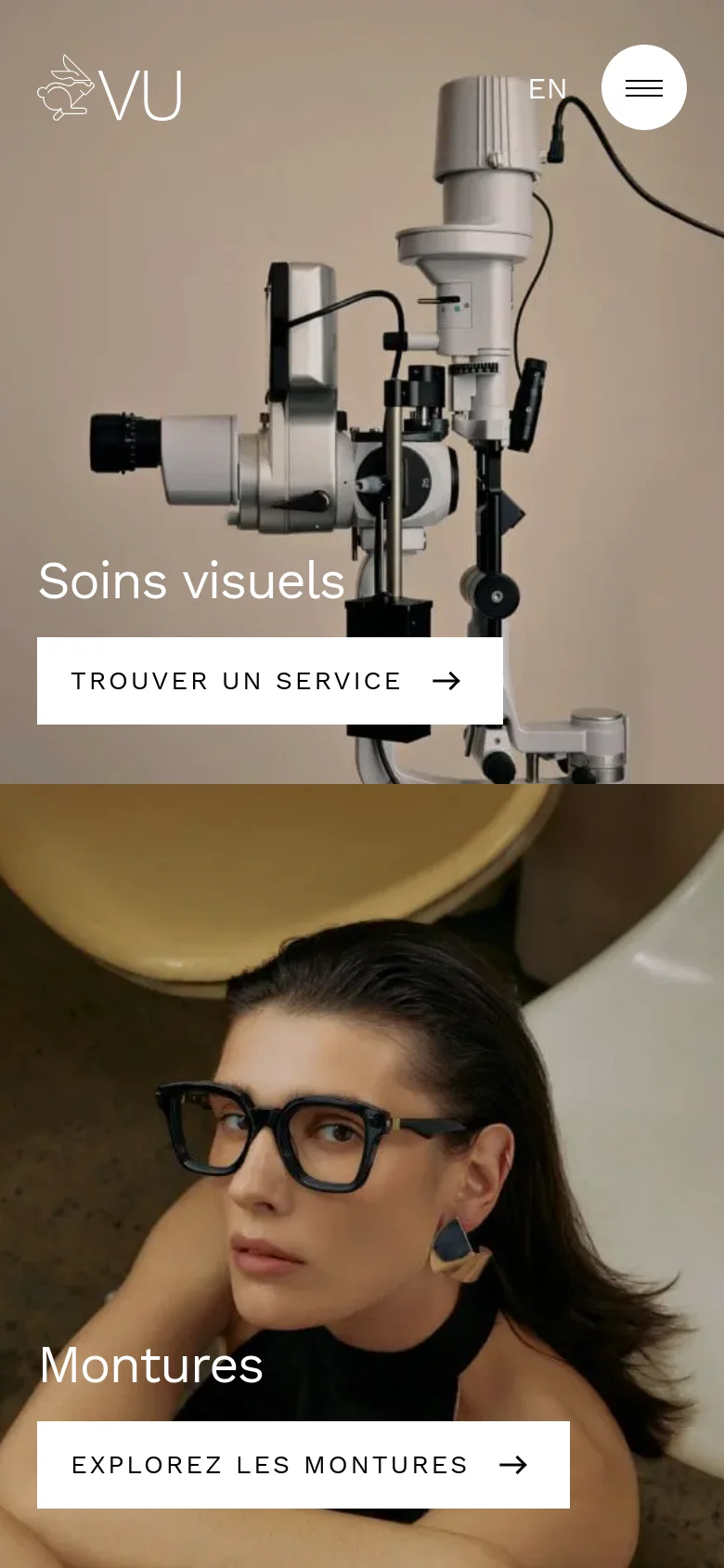 The mobile version presents a stacked layout where the split-screen hero images are arranged vertically. The top section shows the eye exam device with the 'Soins visuels' heading and a 'Trouver un service' button, followed by the woman in glasses with the 'Montures' heading and an 'Explorez les montures' button. A hamburger menu icon and language selector are visible at the top right.