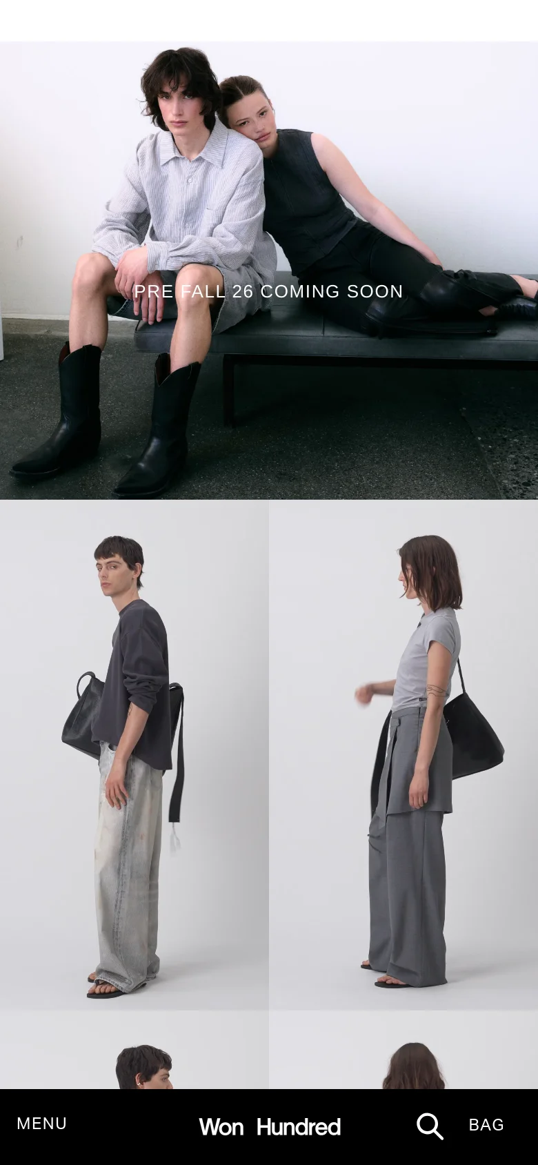 The mobile version presents a vertically stacked layout, starting with the large 'PRE FALL 26 COMING SOON' hero image. The navigation is condensed into a bottom bar featuring a 'MENU' button, the 'Won Hundred' logo, a search icon, and a 'BAG' link. The collection tiles for Men and Women appear as full-width vertical images below the hero section.