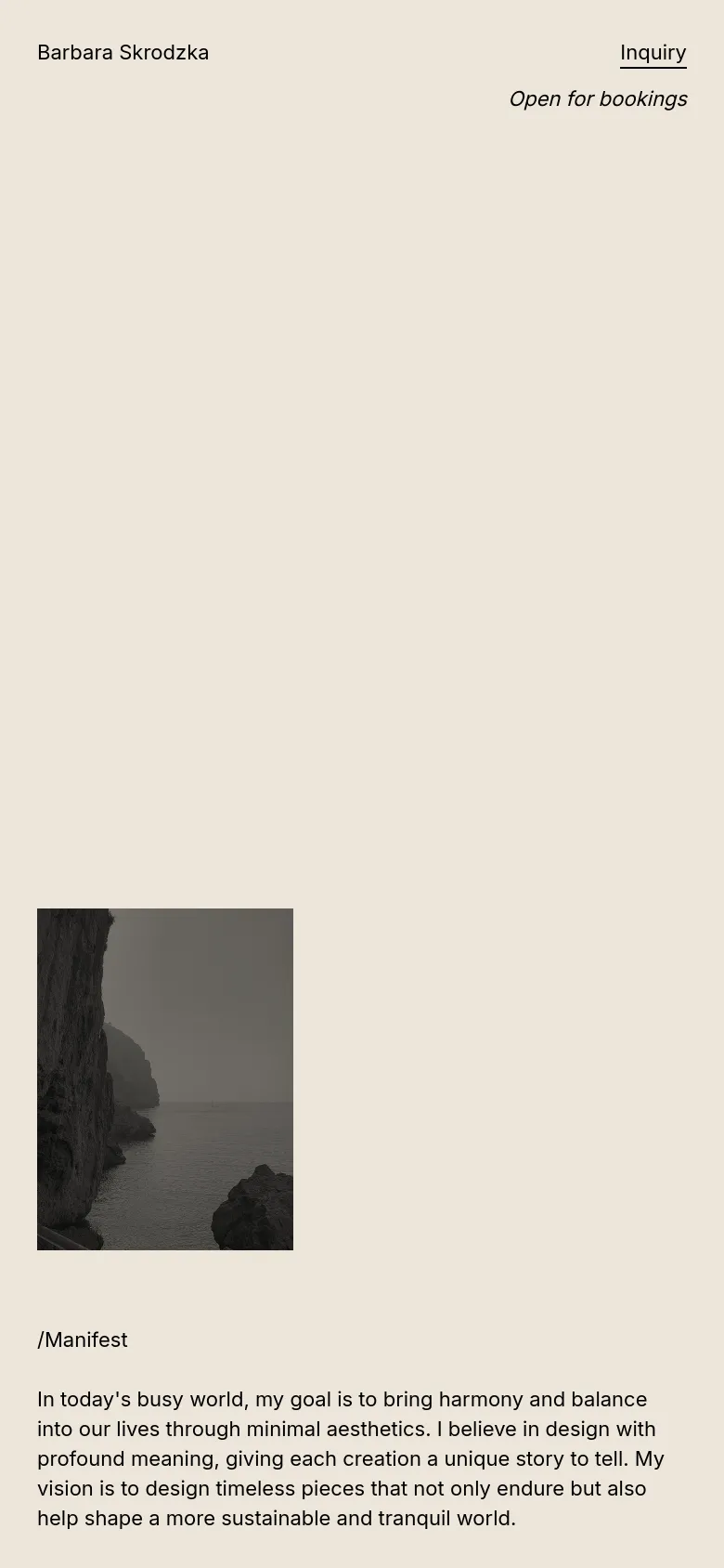 The mobile version presents a vertically stacked layout on a cream background. The black-and-white landscape image appears above the manifesto text, which describes the designer's vision for harmony and sustainability. Navigation links and social media icons are simplified for a narrow viewport.