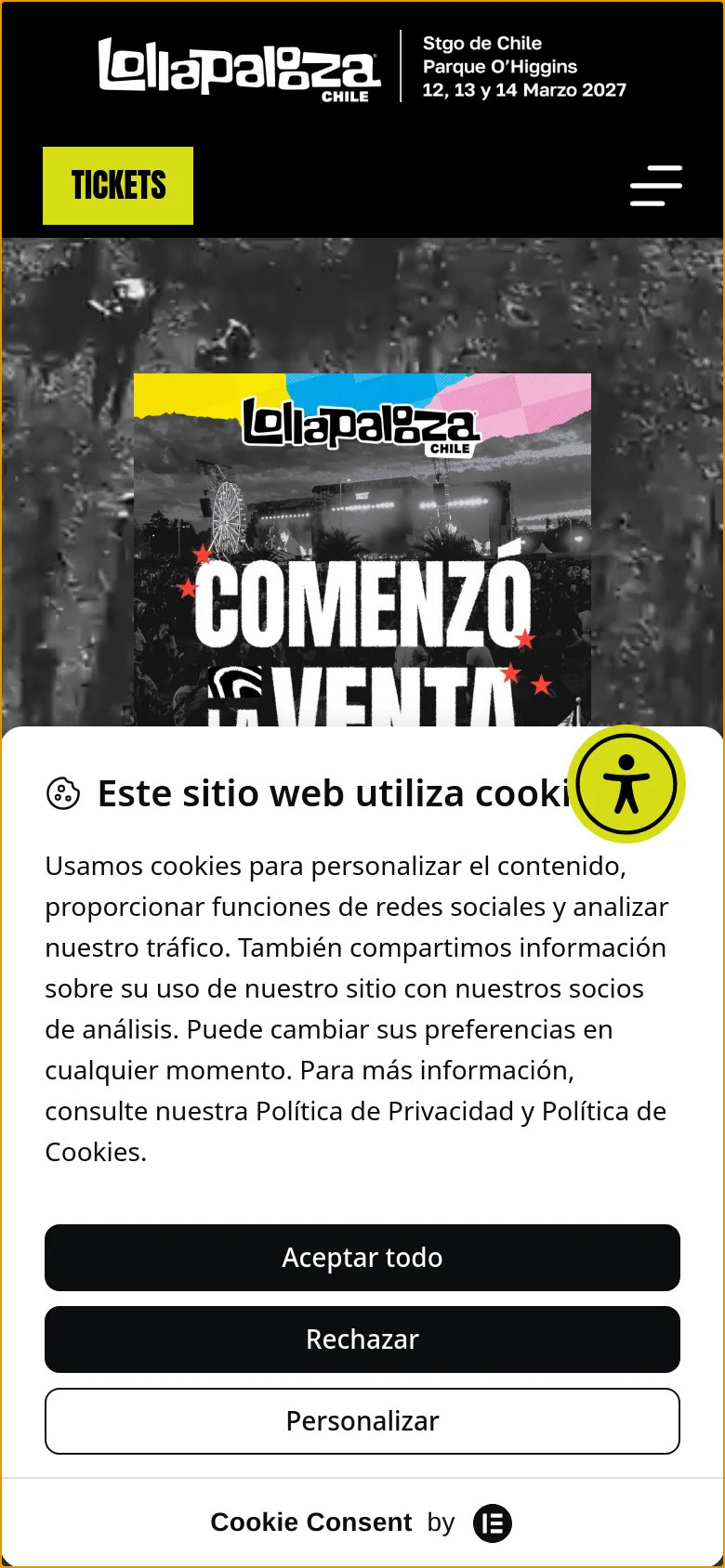 The mobile version presents a vertically stacked layout with the Lollapalooza Chile logo and event dates at the top. A large yellow 'TICKETS' button is positioned prominently above a central hero image announcing sales, followed by a simplified navigation menu and a cookie consent overlay at the bottom.