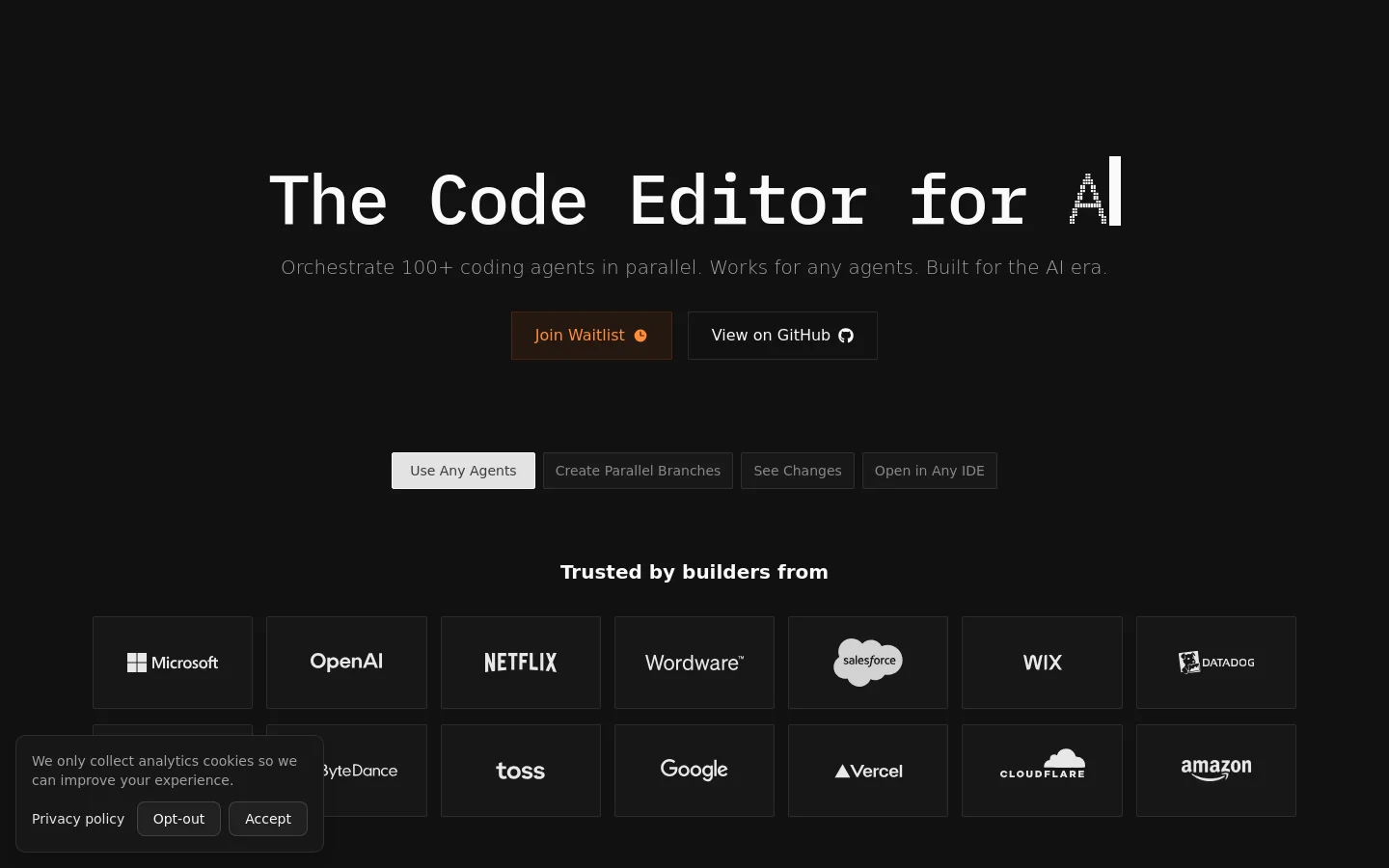 The Superset homepage features a dark theme with white text, centered around the headline 'The Code Editor for AI Agents.' Below the headline, two primary call-to-action buttons, 'Join Waitlist' and 'View on GitHub,' sit above a large, complex screenshot of the Superset interface showing a code editor, terminal, and parallel task branches. The bottom of the page displays a 'Trusted by builders from' section with a grid of company logos including Microsoft, OpenAI, and Netflix.
