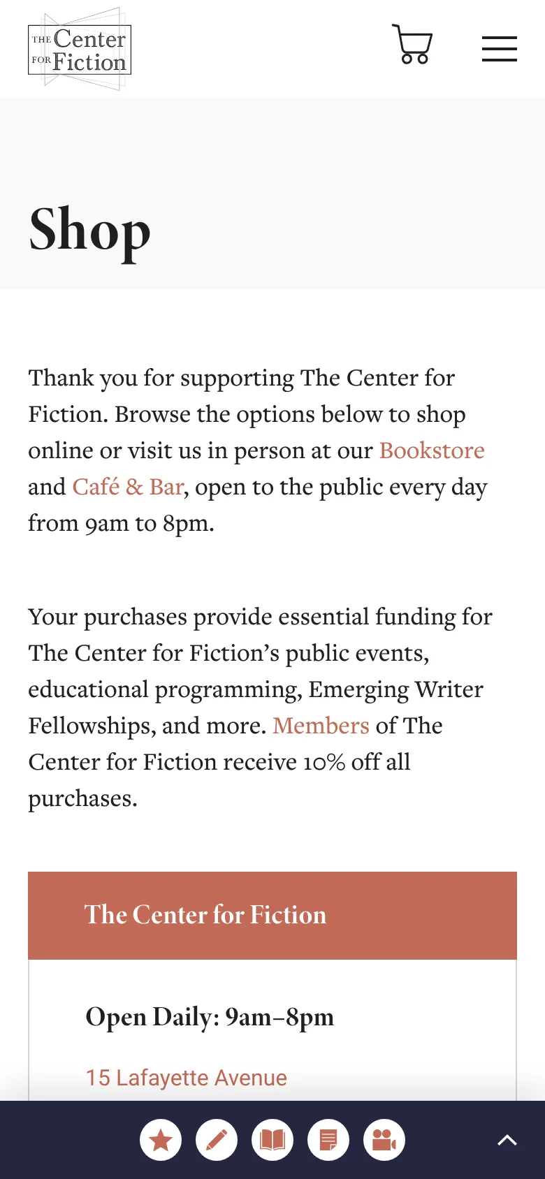 The mobile version presents a simplified vertical layout starting with the 'Shop' headline and introductory text. The navigation menu is collapsed into a hamburger icon, and the grid of shop categories is stacked vertically for easier scrolling. A dark footer bar contains quick-access icons for Fellowships, Writing, Books, Essays, and Videos.